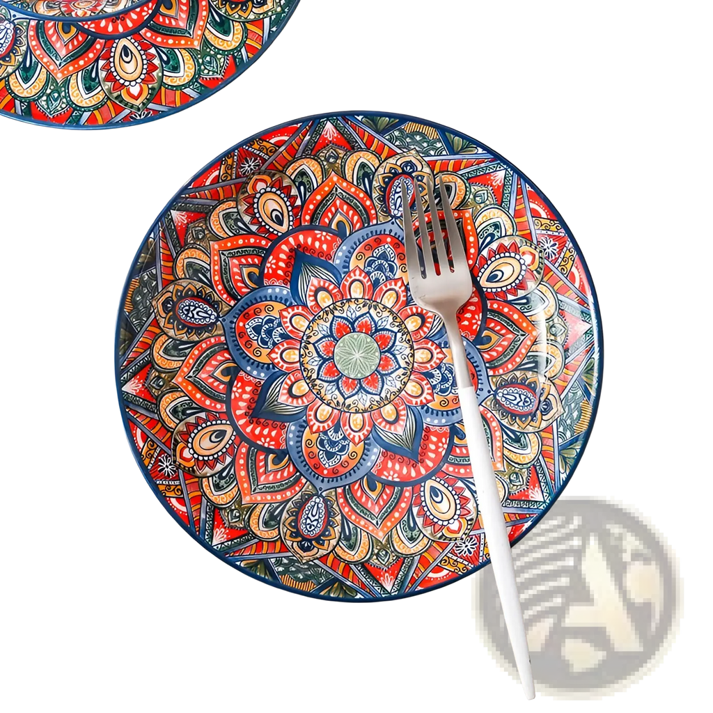 Ceramic mandala serving bowl hand painted with vibrant red blue and gold patterns and a glossy finish 400ml capacity