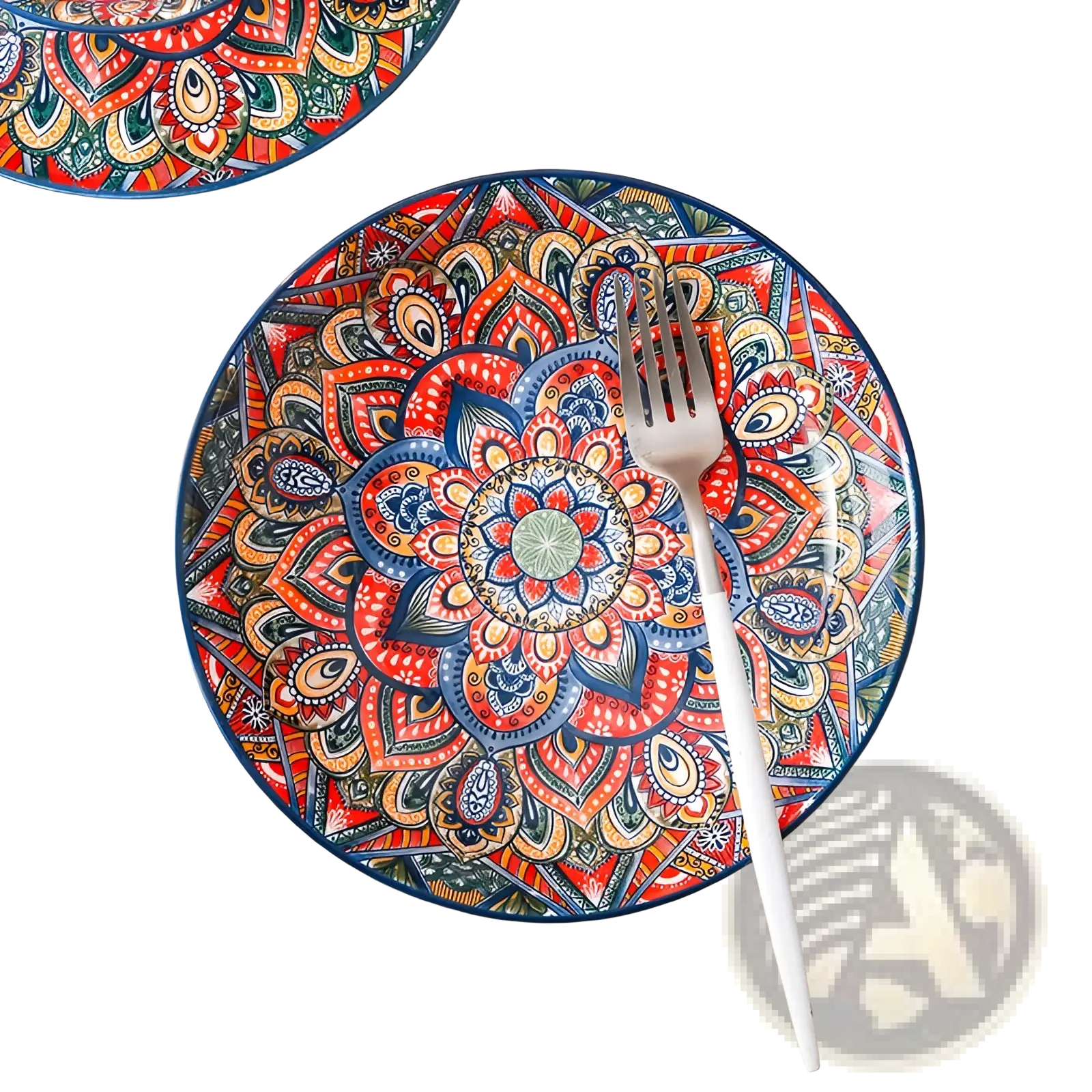 Ceramic mandala serving bowl hand painted with vibrant red blue and gold patterns and a glossy finish 400ml capacity
