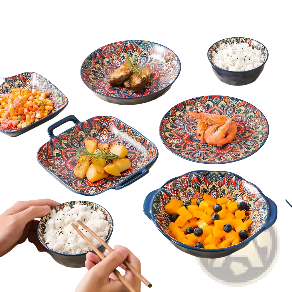 Ceramic mandala serving bowl hand painted with intricate red blue and gold patterns on glossy glaze finish 400ml