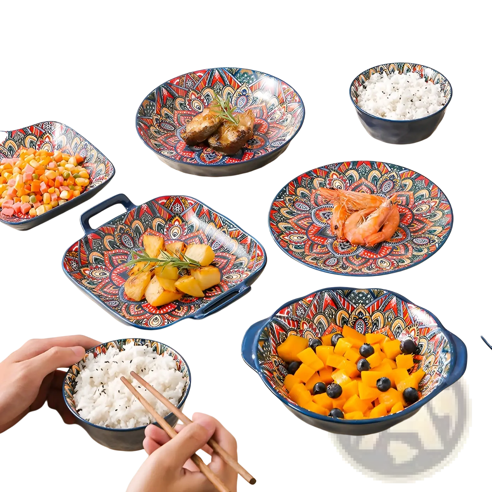 Ceramic mandala serving bowl hand painted with intricate red blue and gold patterns on glossy glaze finish 400ml