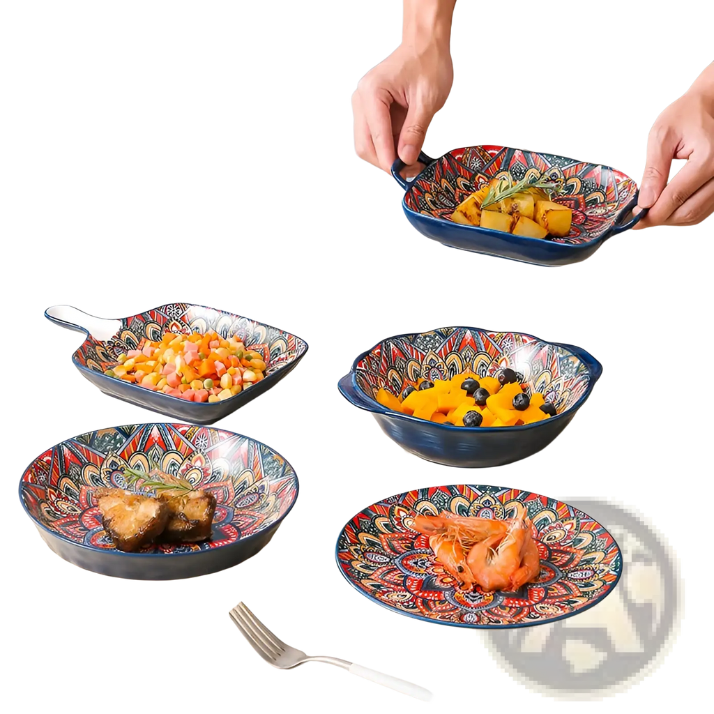 Ceramic mandala serving bowl hand painted with vibrant red and gold patterns on deep blue glaze 400ml capacity