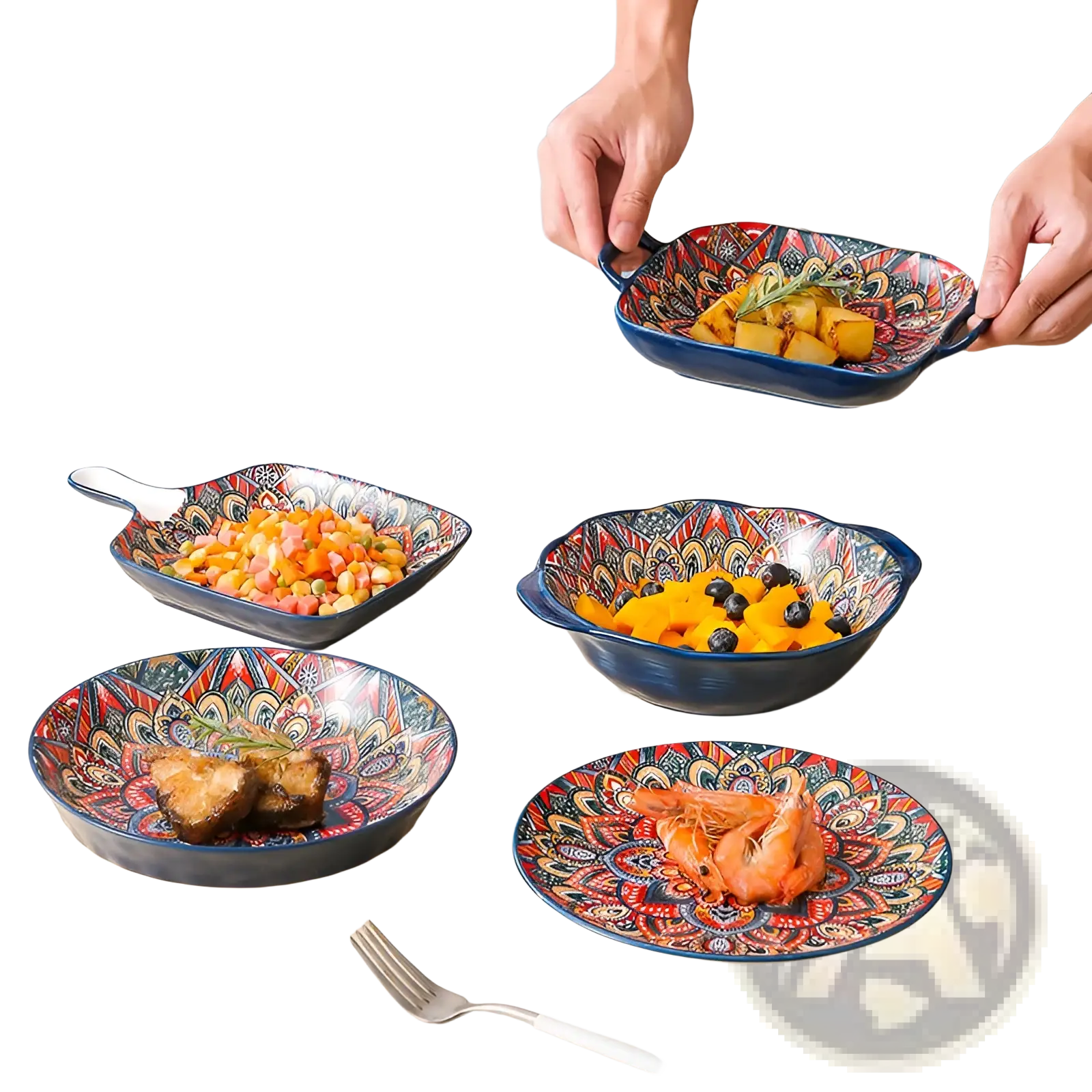 Ceramic mandala serving bowl hand painted with vibrant red and gold patterns on deep blue glaze 400ml capacity