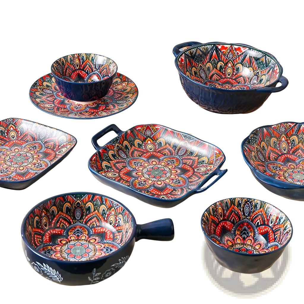 Ceramic mandala serving bowl 400ml with vibrant hand painted colorful mandala patterns and deep blue exterior