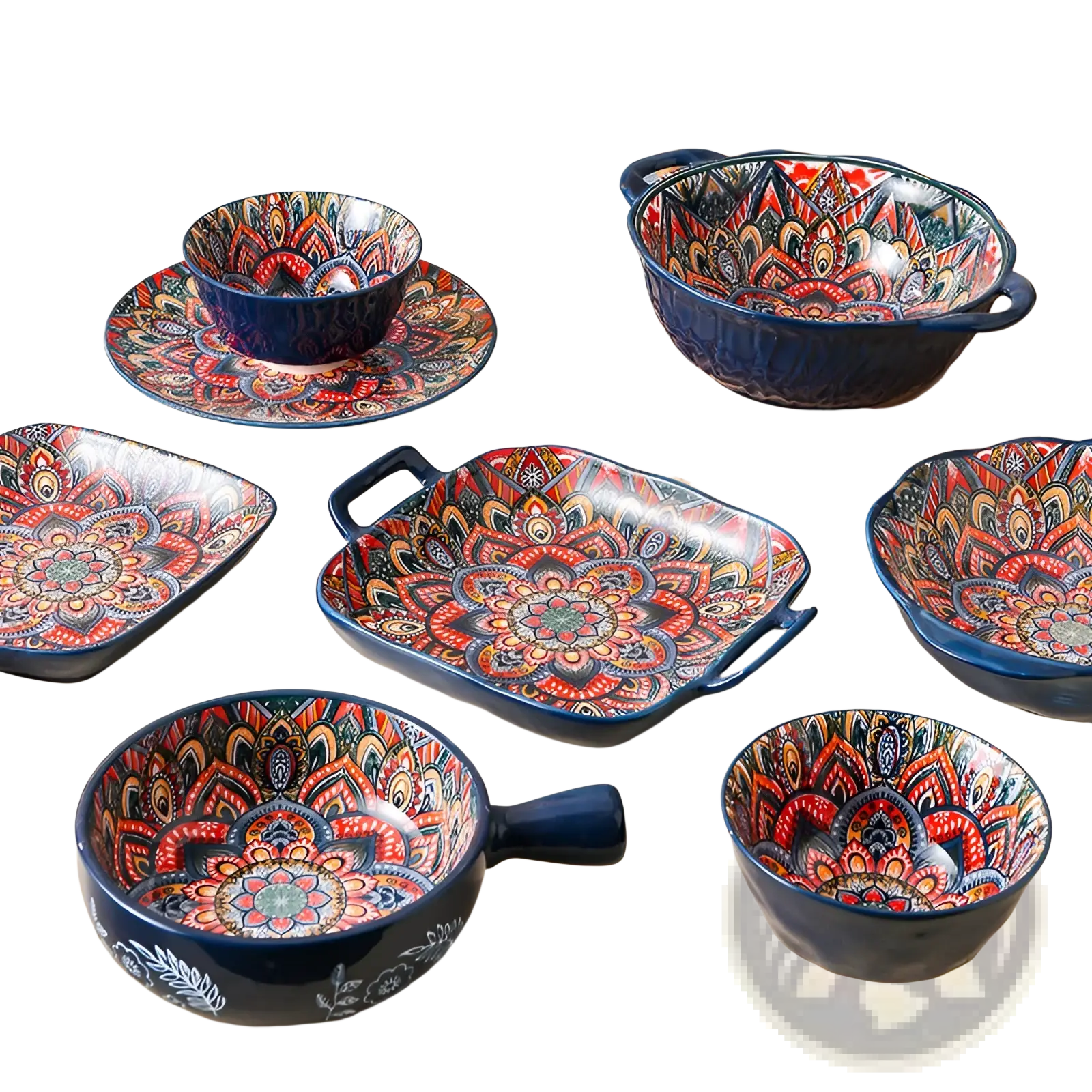 Ceramic mandala serving bowl 400ml with vibrant hand painted colorful mandala patterns and deep blue exterior