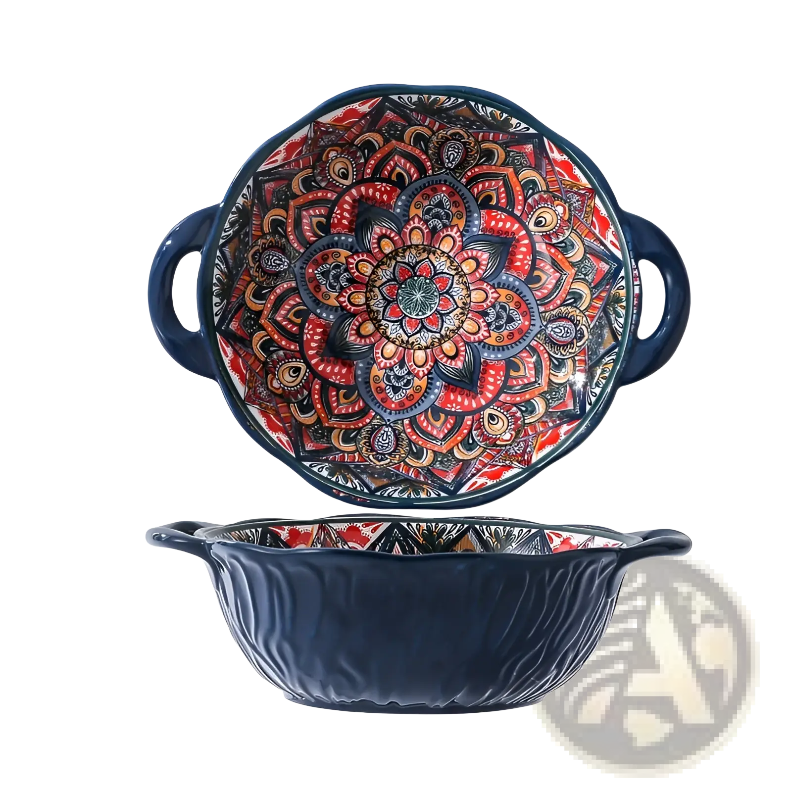 Deep blue ceramic mandala serving bowl hand painted with intricate red orange and gold design 400ml capacity