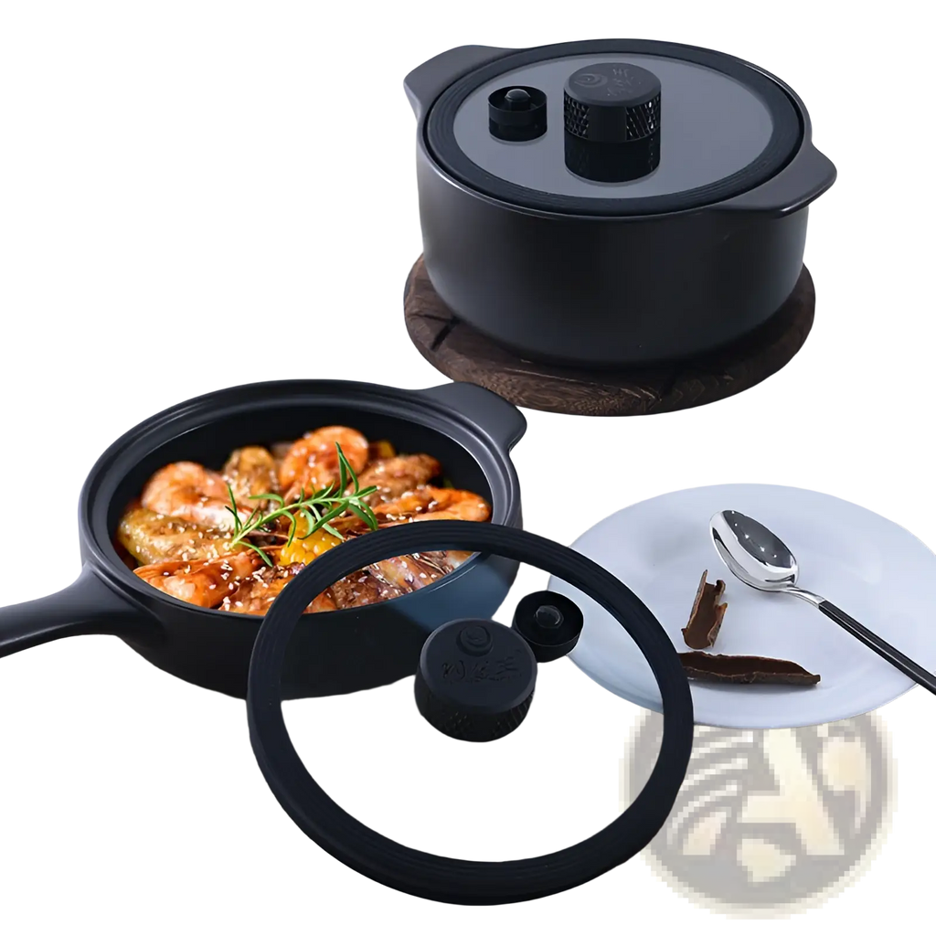 Black ceramic micro pressure anti overflow casserole pot with glass lid, black knob, and side handles