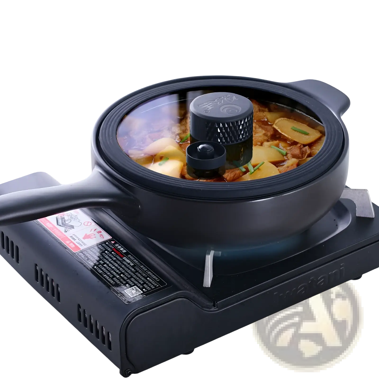 Black ceramic micro pressure anti overflow casserole pot with glass lid and heating element on portable gas stove