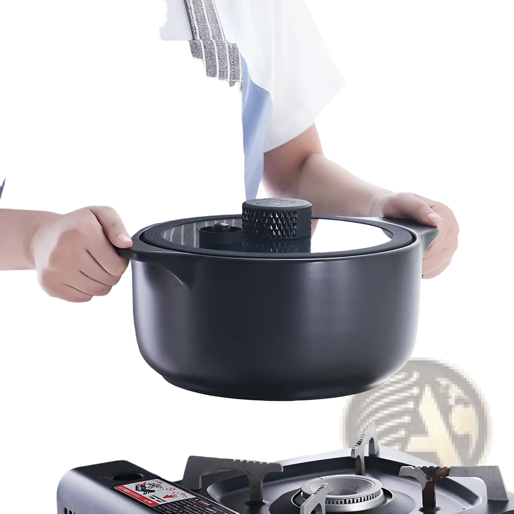 Black ceramic micro pressure casserole pot with anti overflow feature and matching lid with textured knob
