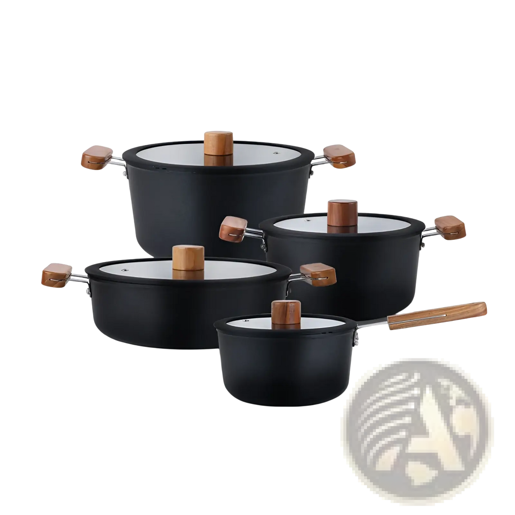 Set of four black ceramic non stick pots with wooden handles and glass lids for versatile cooking use