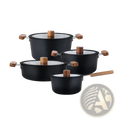 Set of four black ceramic non stick pots with wooden handles and glass lids for versatile cooking use