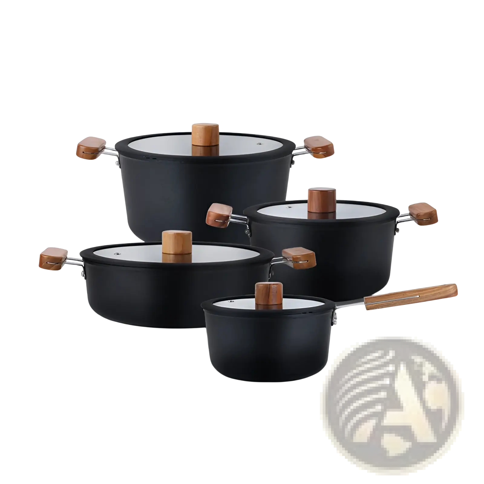 Set of four black ceramic non stick pots with wooden handles and glass lids for versatile cooking use