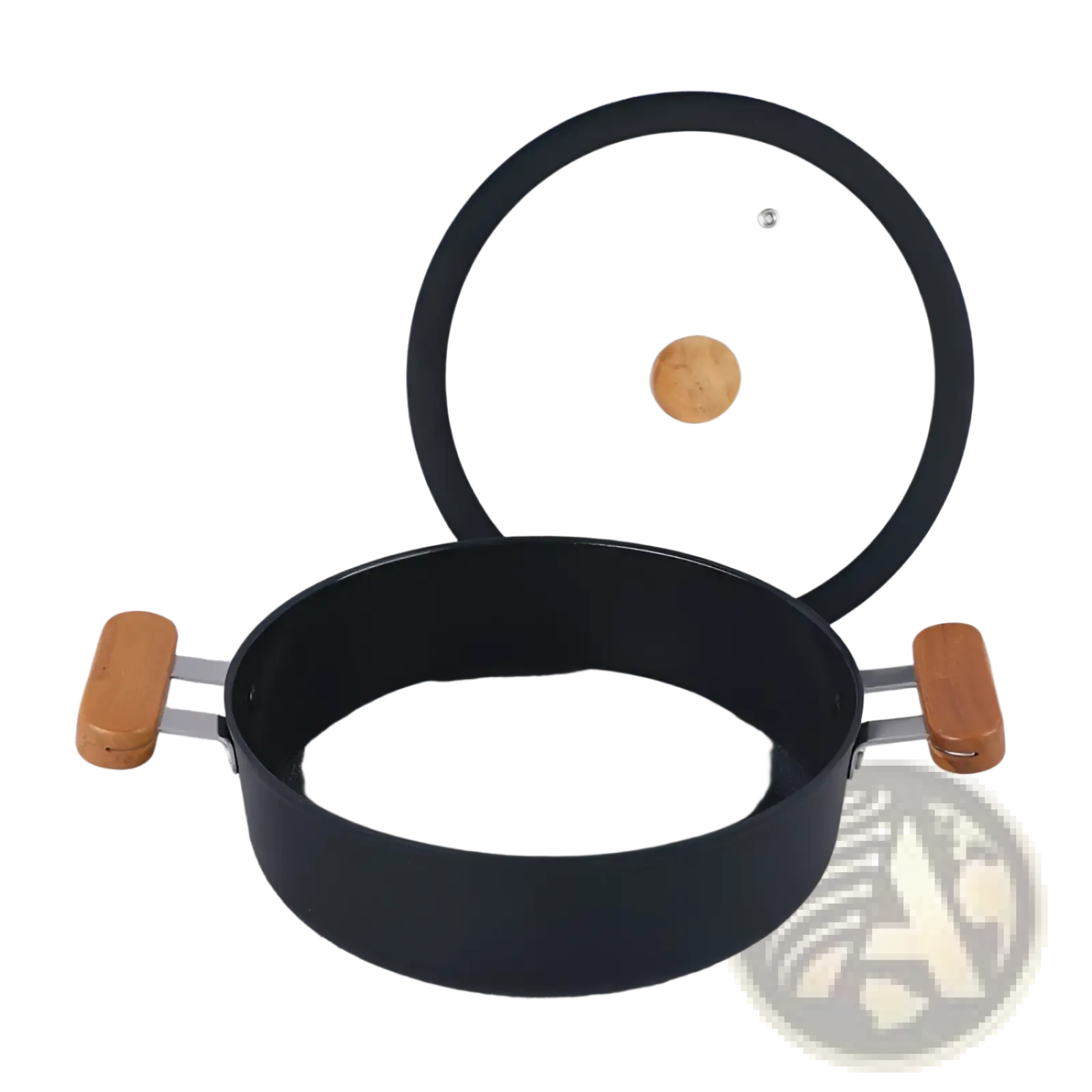 Black ceramic non stick frying pan with wooden handles and clear glass lid with wooden knob in pot set