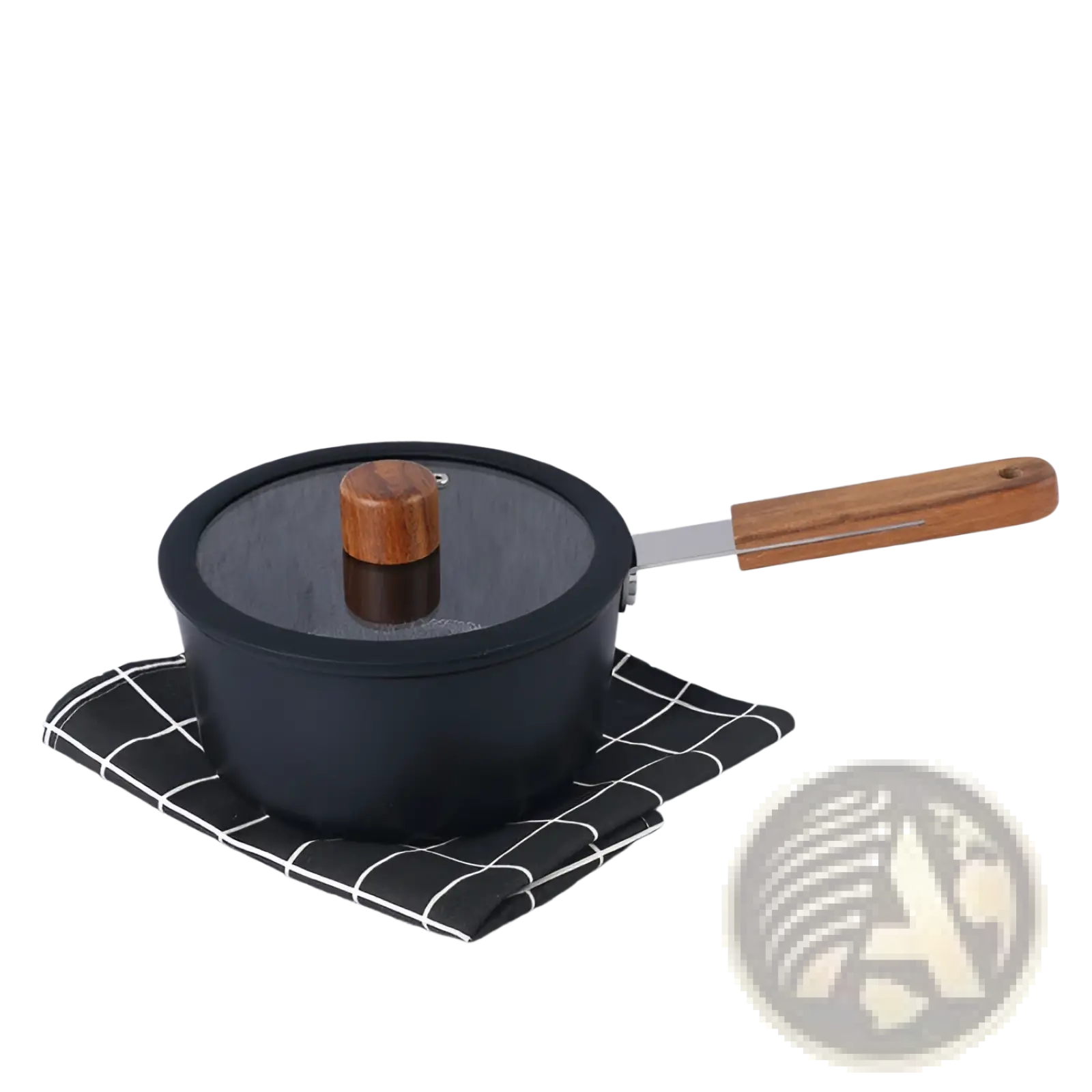 Black ceramic non stick saucepan with wooden handle and clear glass lid from a ceramic non stick pot set