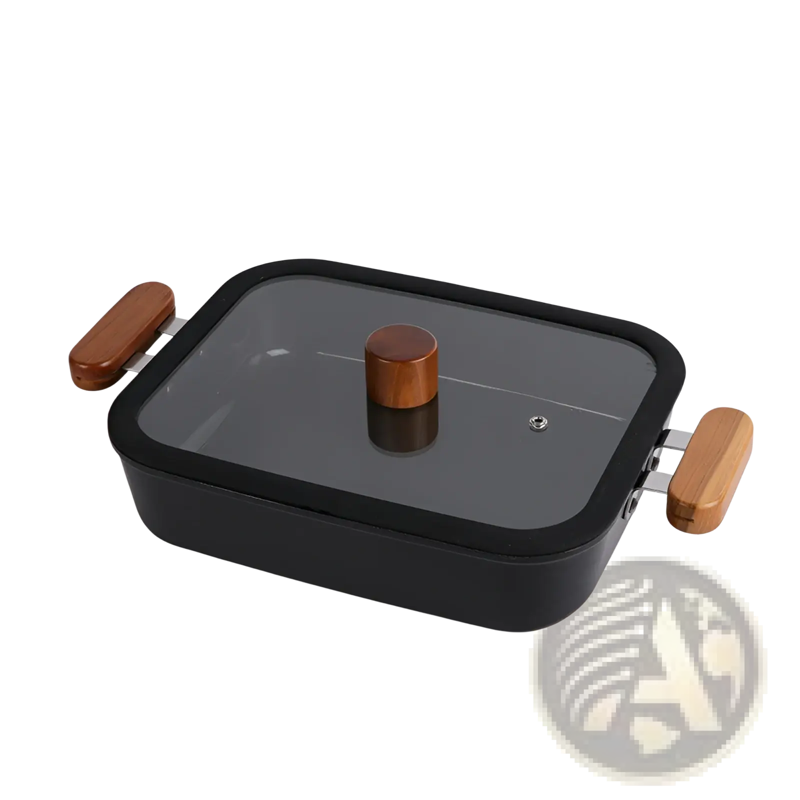 Black rectangular ceramic non stick electric griddle with wooden handles and glass lid with wooden knob for cooking
