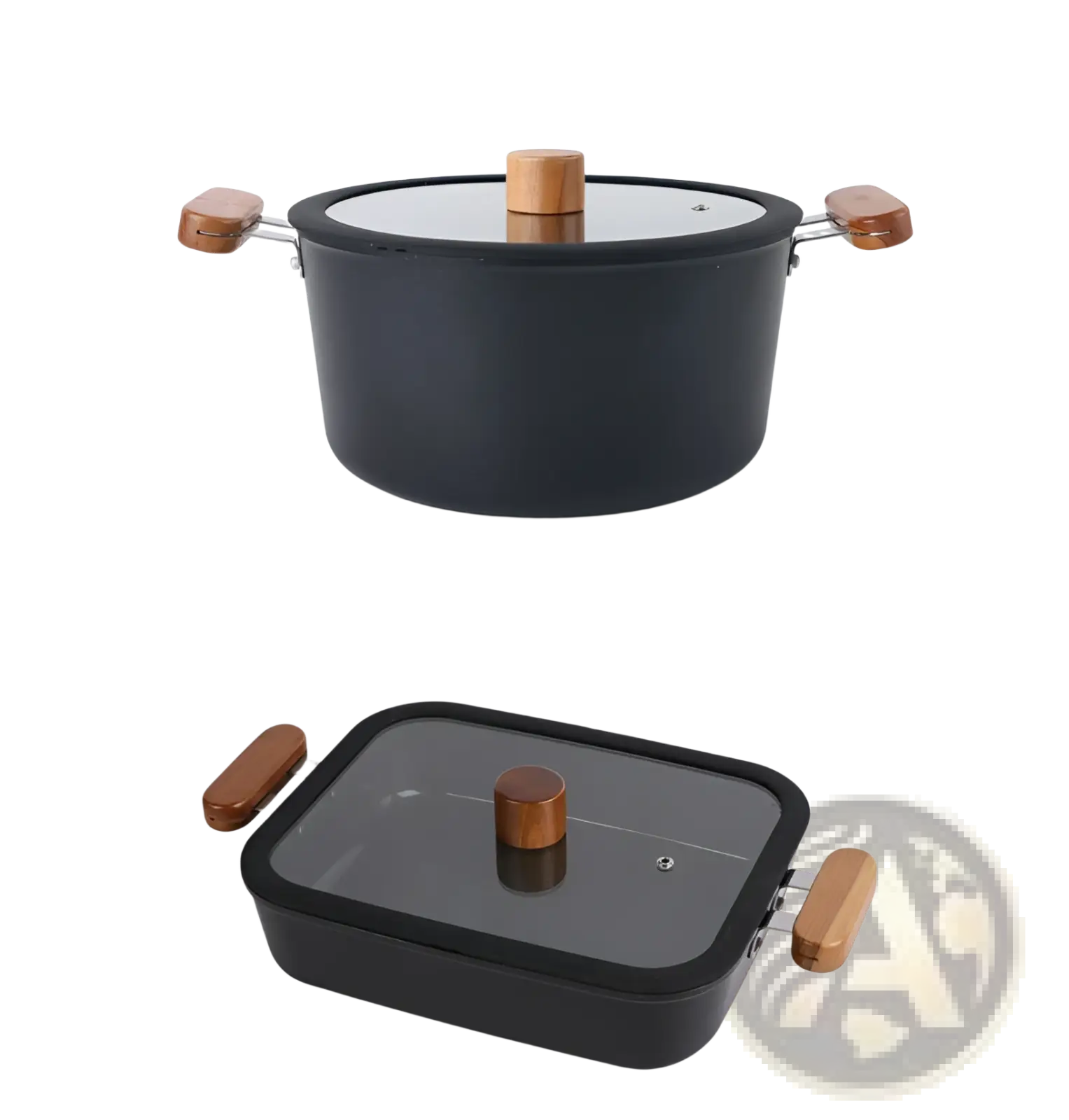 Ceramic non stick black pot and pan set with wooden handles and glass lids for versatile cooking use