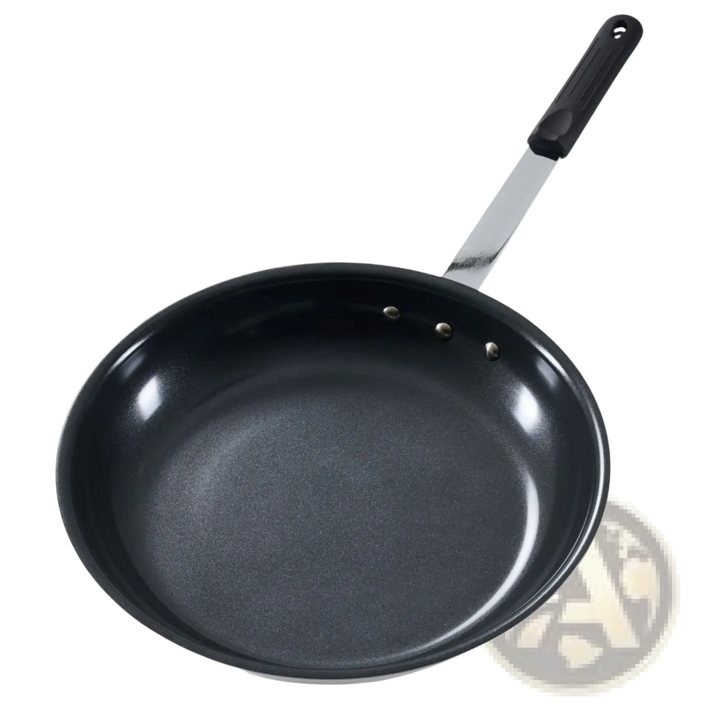 Black ceramic nonstick egg pan with stainless steel handle and black silicone ergonomic grip for easy cooking