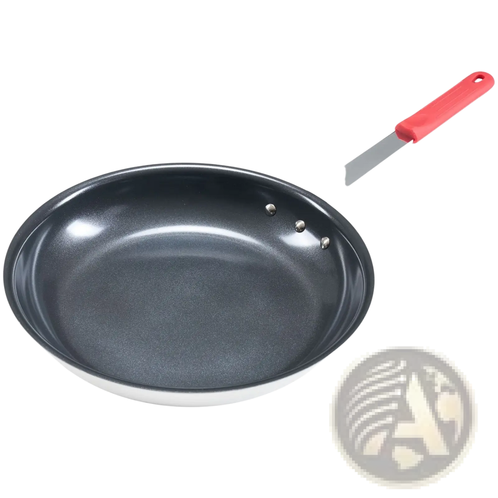 Black ceramic nonstick egg pan with red silicone handle and stainless steel base for easy cooking and cleaning