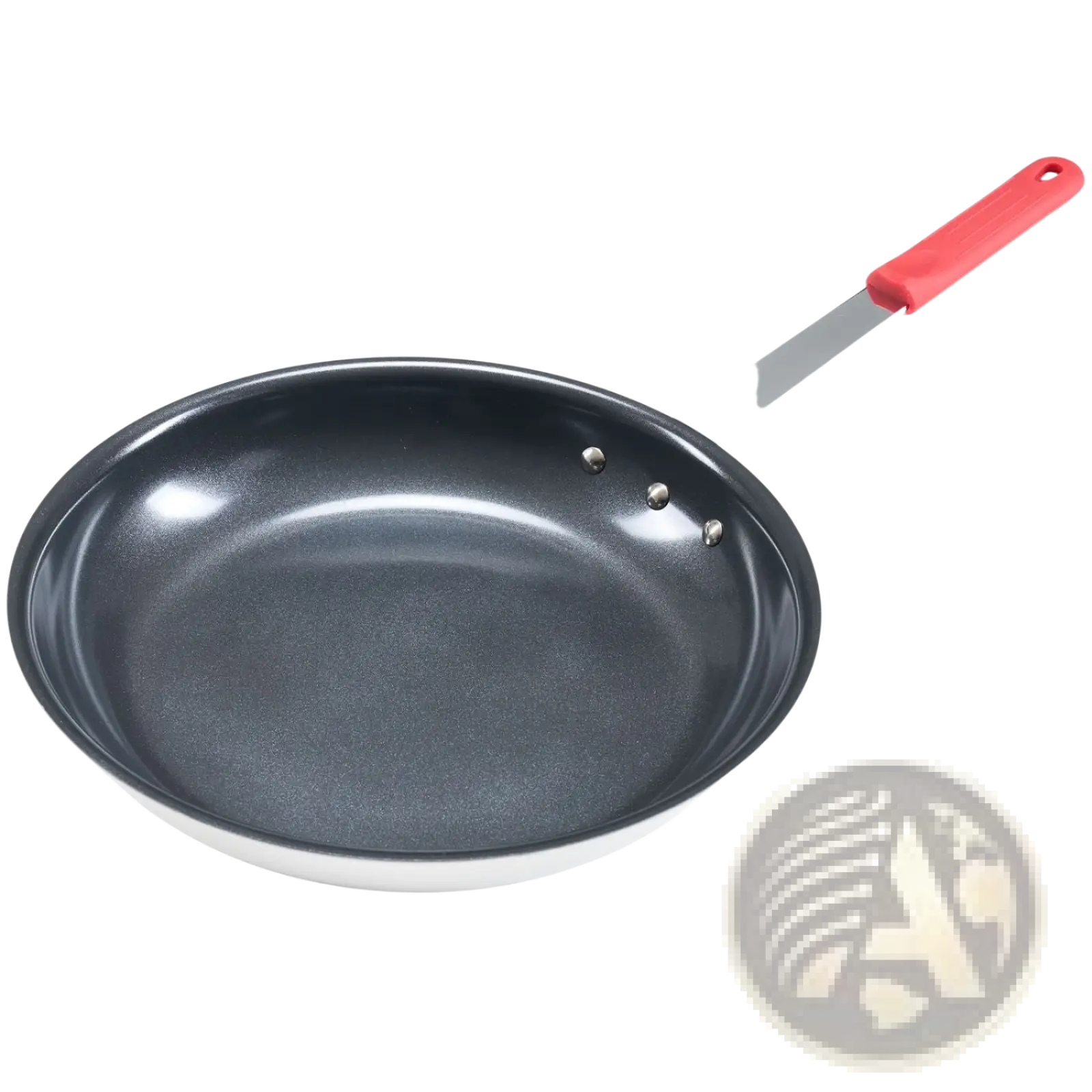 Black ceramic nonstick egg pan with red silicone handle and stainless steel base for easy cooking and cleaning