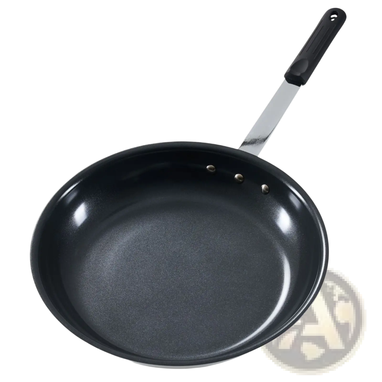 Black ceramic nonstick egg pan with stainless steel handle and black silicone grip for skillet cooking