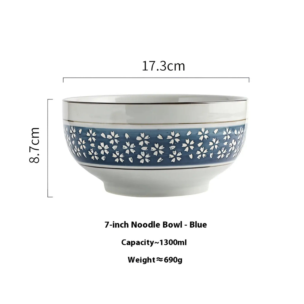 Ceramic noodle bowl 7 inch with blue band white cherry blossom patterns and silver rims for soup serving