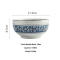 Ceramic noodle bowl 7 inch with blue band white cherry blossom patterns and silver rims for soup serving