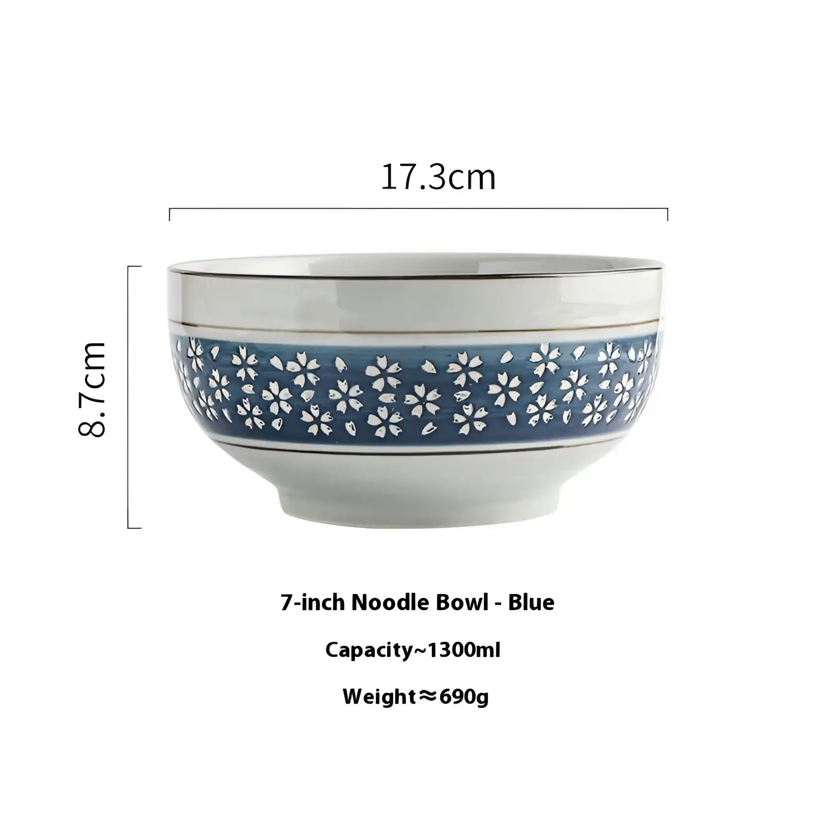 Ceramic noodle bowl 7 inch with blue band white cherry blossom patterns and silver rims for soup serving