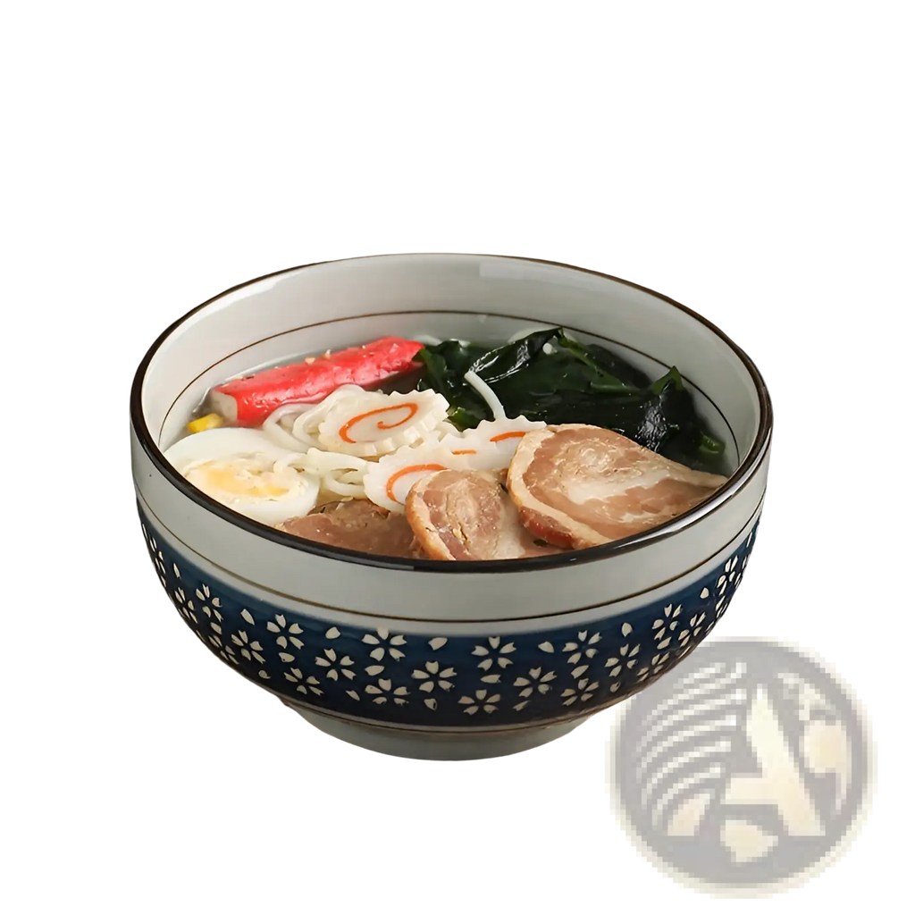 Ceramic noodle bowl 7 inch with blue and white cherry blossom pattern filled with ramen noodles for soup
