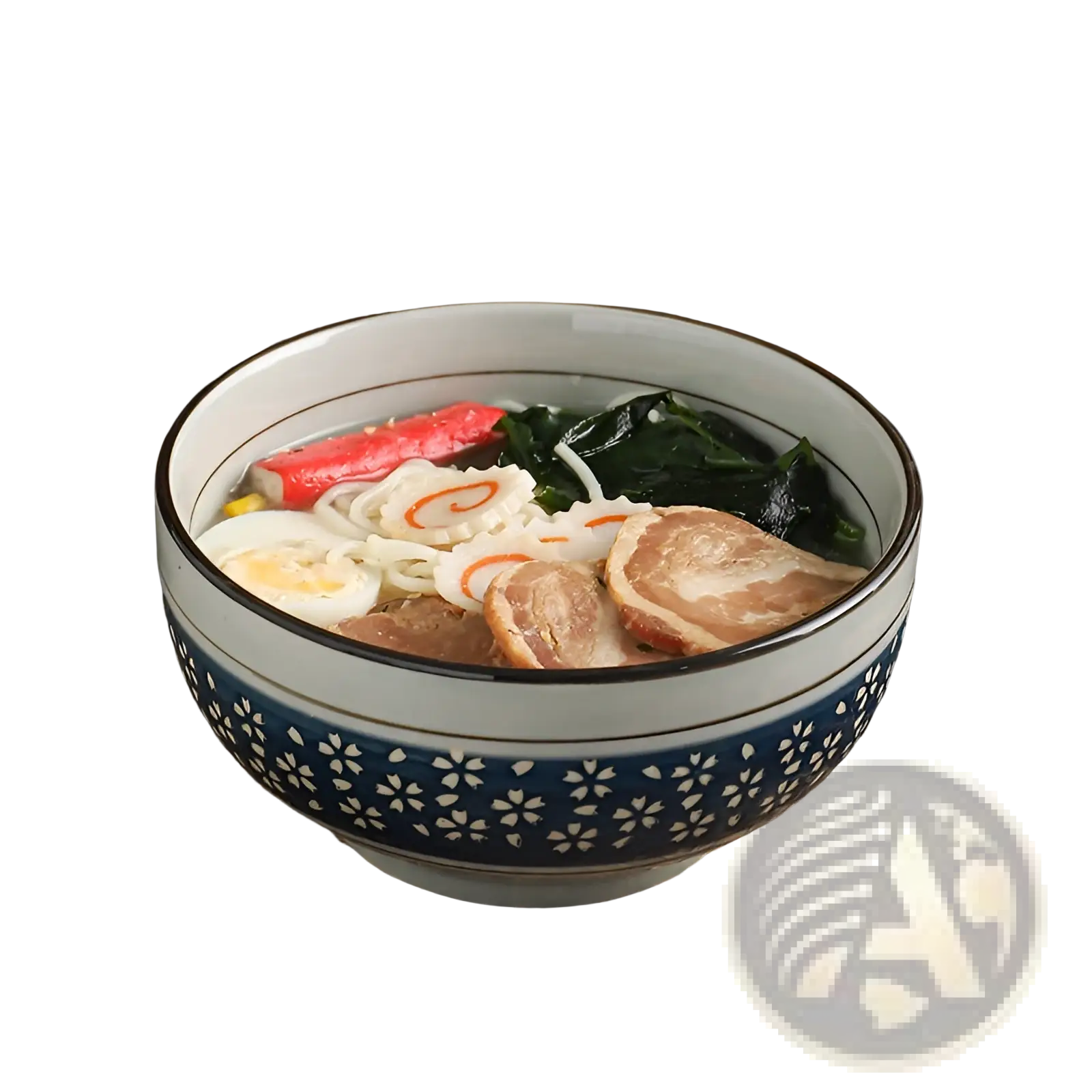 Ceramic noodle bowl 7 inch with blue and white cherry blossom pattern filled with ramen noodles for soup