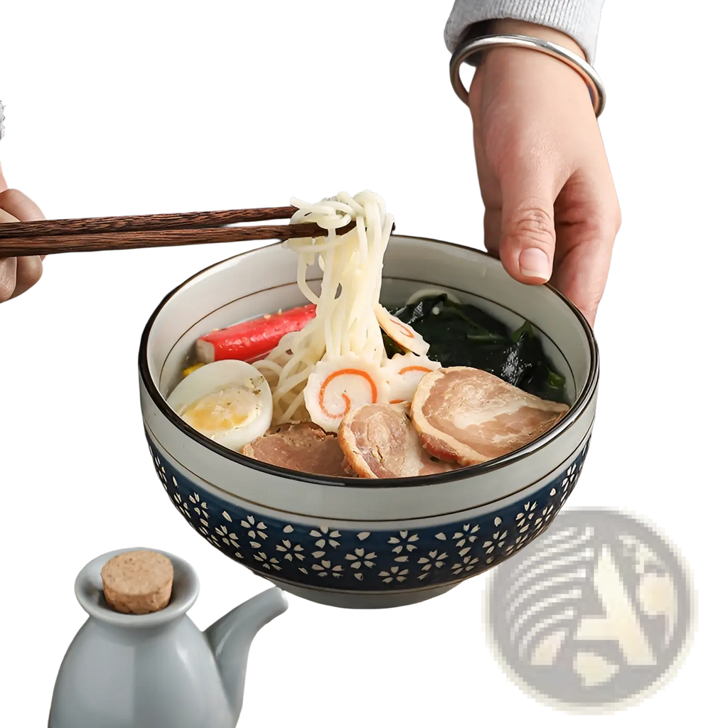 Blue and white ceramic noodle bowl with cherry blossom floral pattern perfect for serving ramen or soup