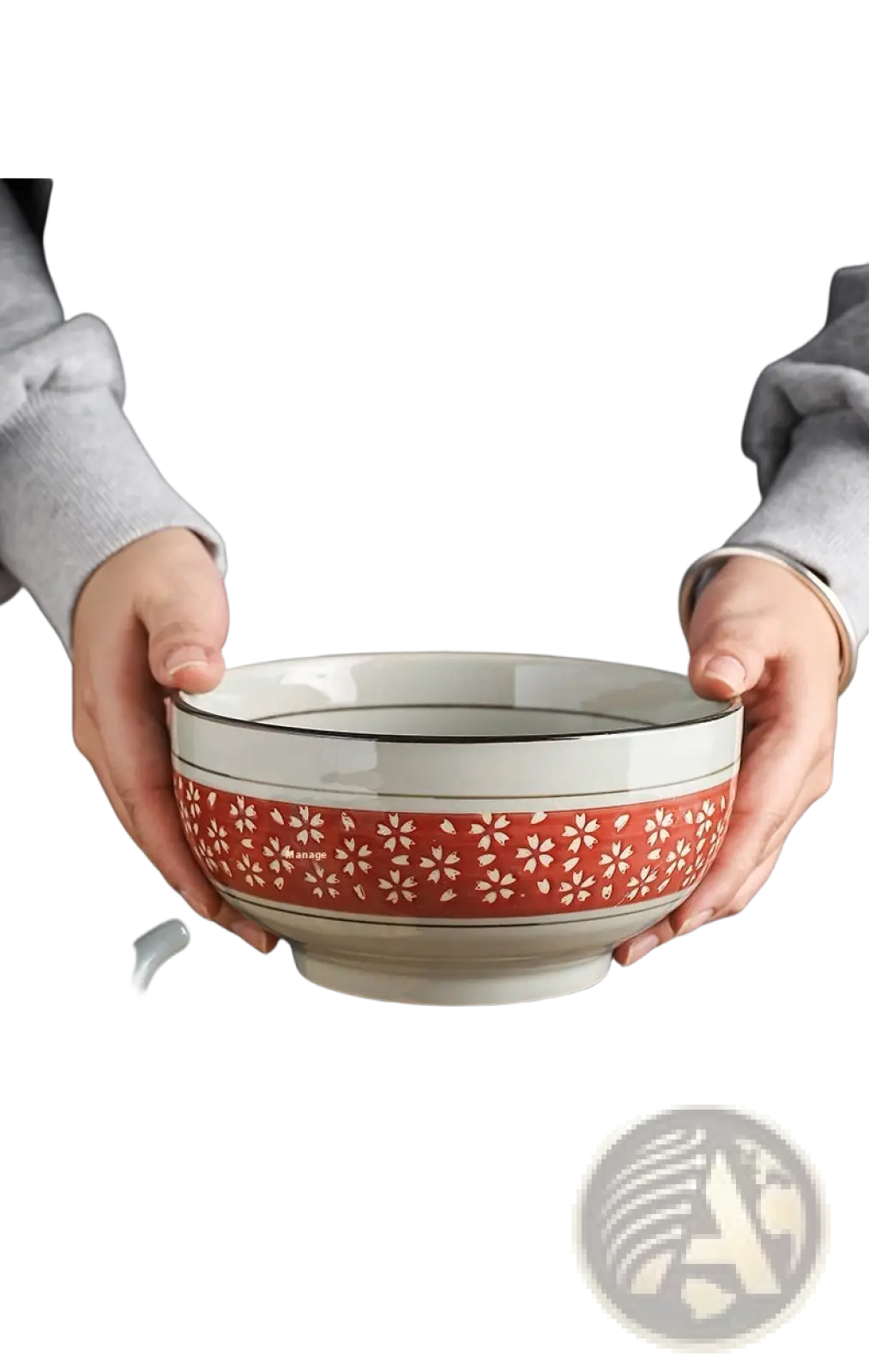 Ceramic noodle bowl 7 inch white ceramic bowl with red band and delicate white floral patterns cherry blossom design