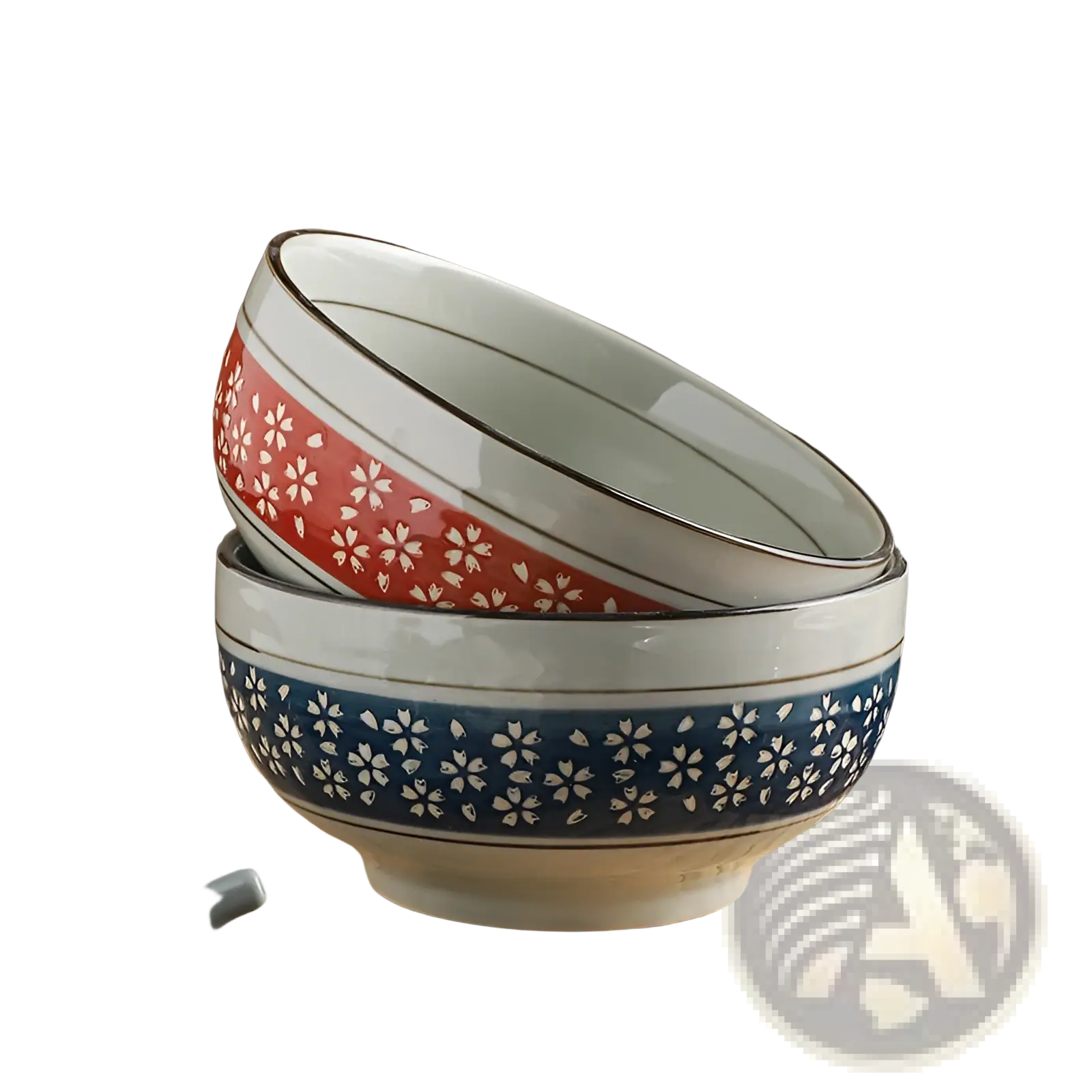 Stacked 7 inch ceramic noodle bowls with red and blue cherry blossom patterns and thin black rims for soup