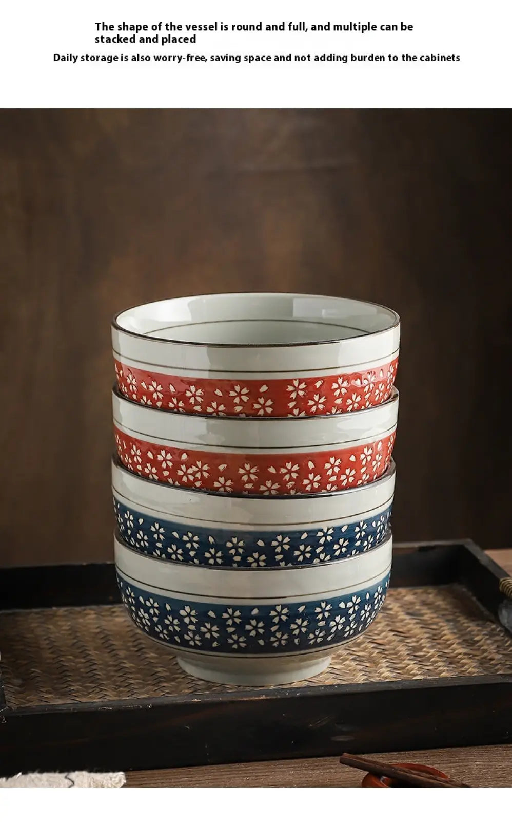 Stack of 7 inch ceramic noodle bowls with red and blue cherry blossom floral patterns on white porcelain