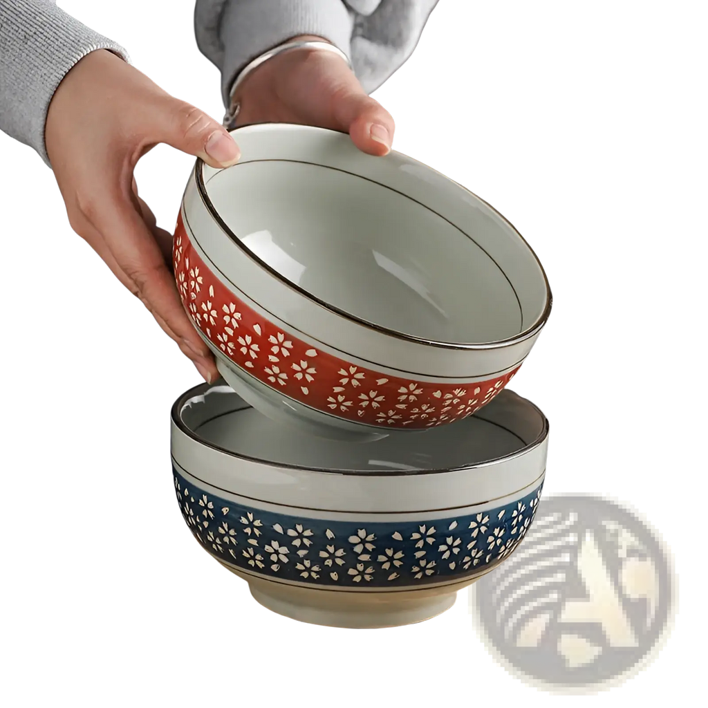 Ceramic noodle bowl 7 inch with red band cherry blossom pattern and black rim stacked on blue band bowl