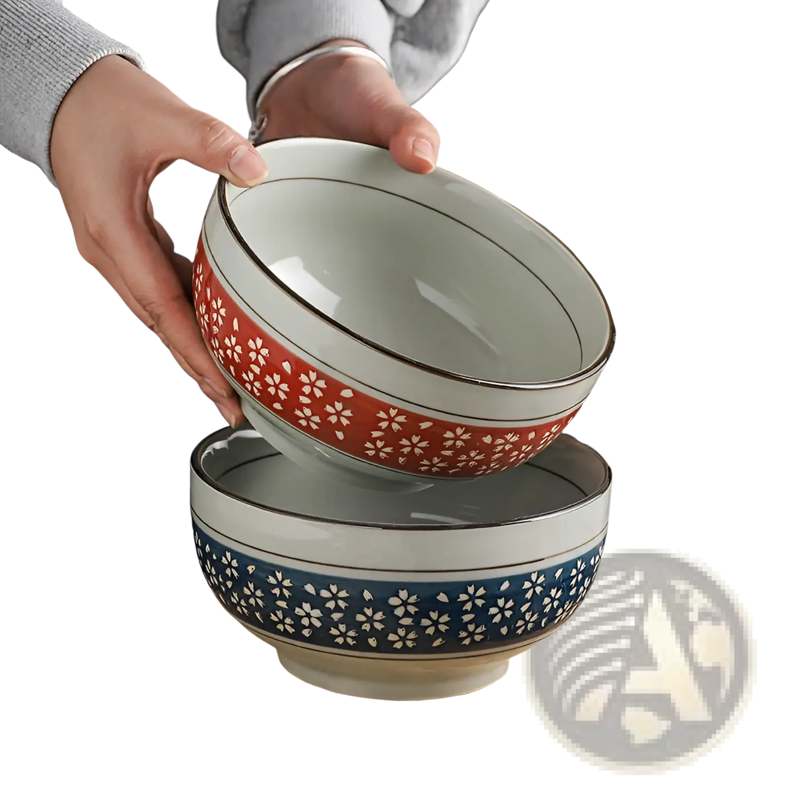 Ceramic noodle bowl 7 inch with red band cherry blossom pattern and black rim stacked on blue band bowl