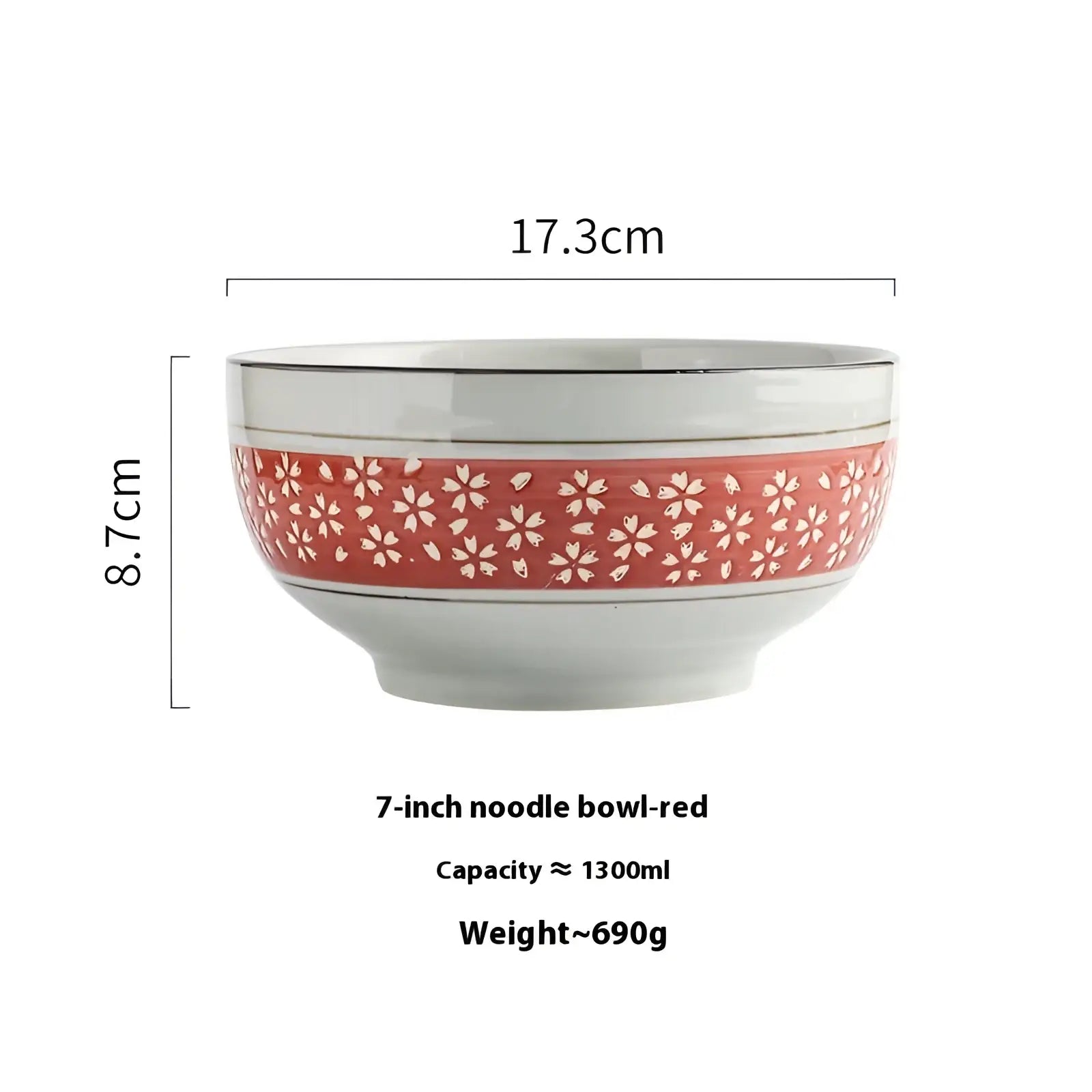 Ceramic noodle bowl 7 inch with white base, red cherry blossom band, silver rims, ideal for soup serving