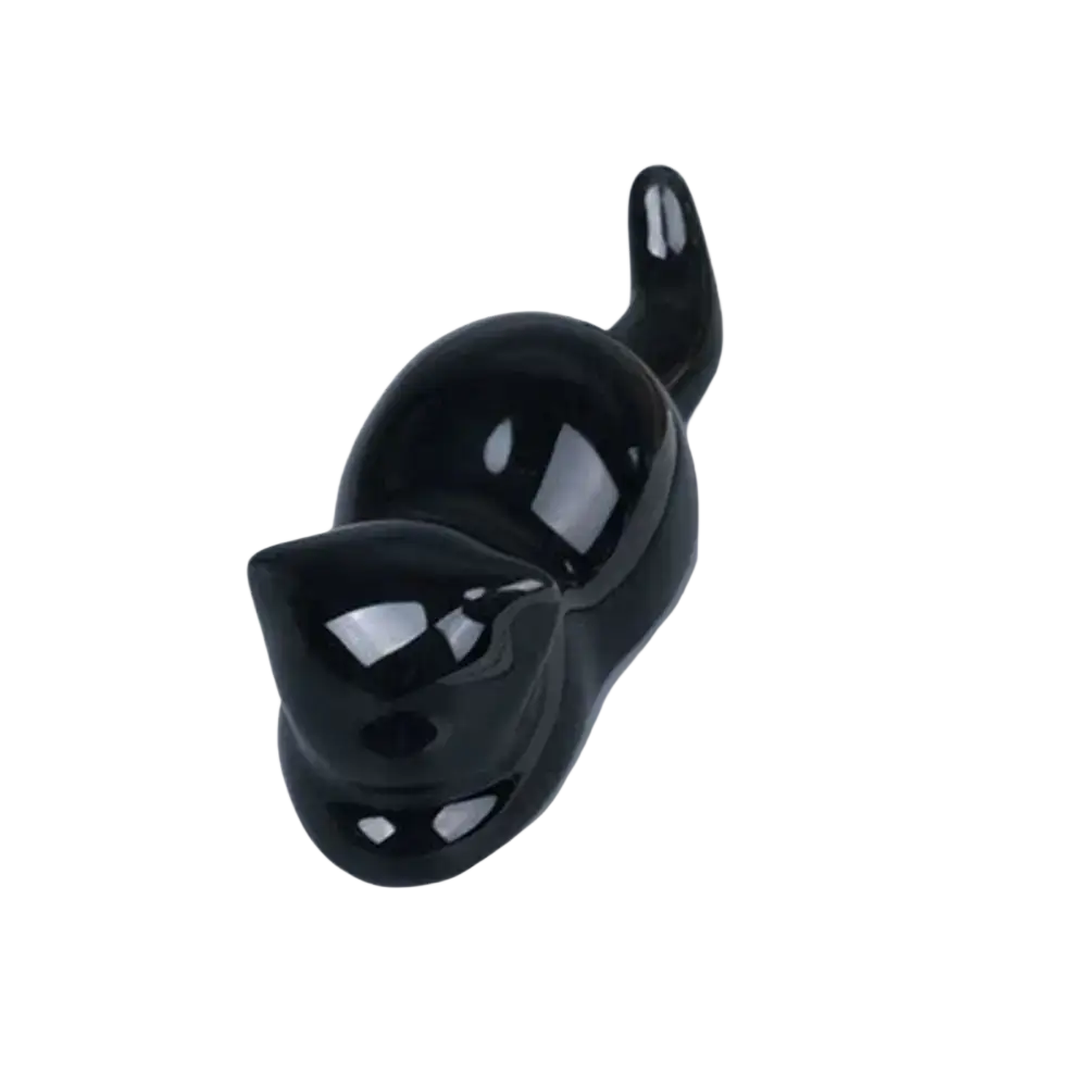 Black glossy ceramic cat figurine minimalist pen holder and calligraphy brush rest for desk organization