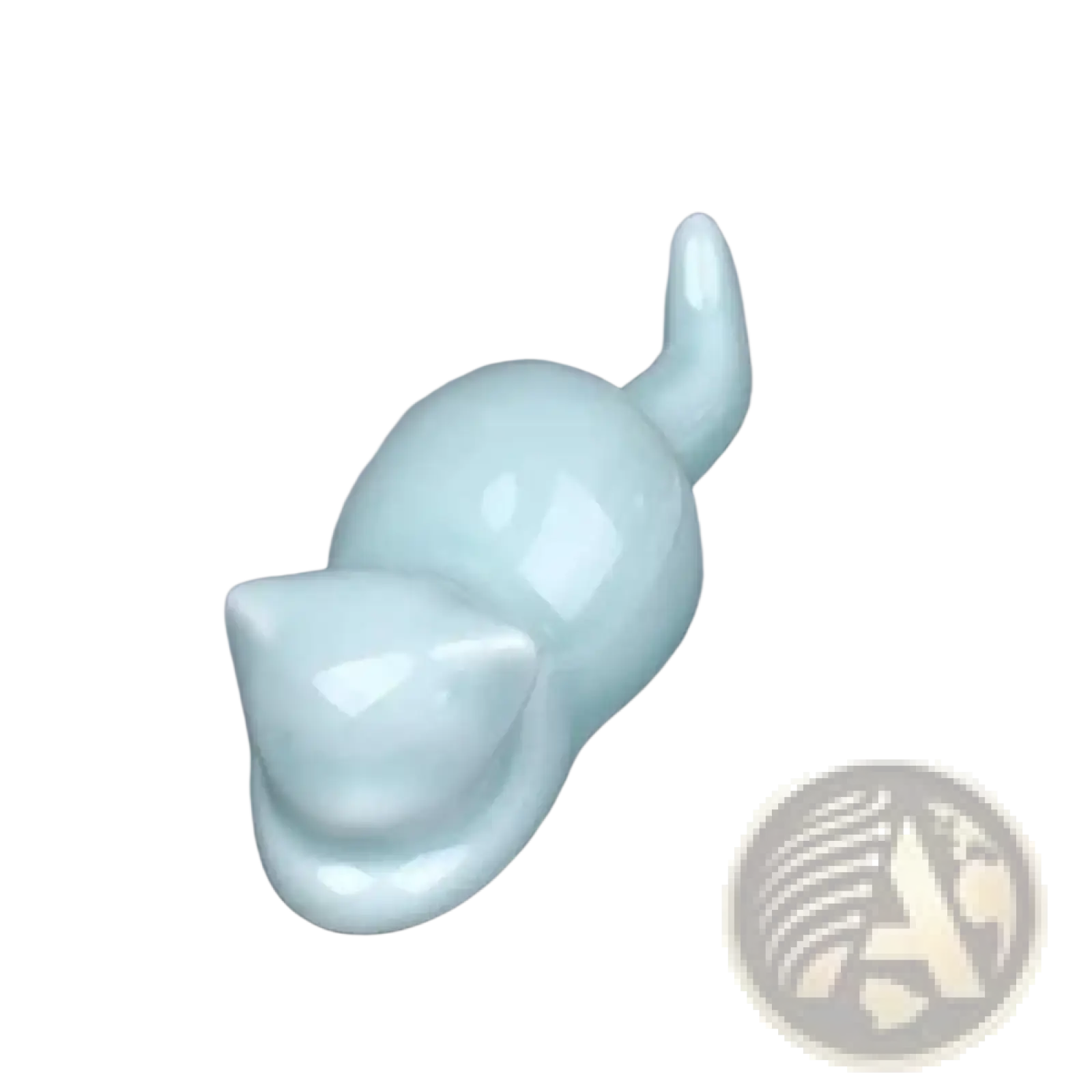 A smooth light blue ceramic pen holder and minimalist calligraphy brush rest shaped like a sleeping cat with glossy finish