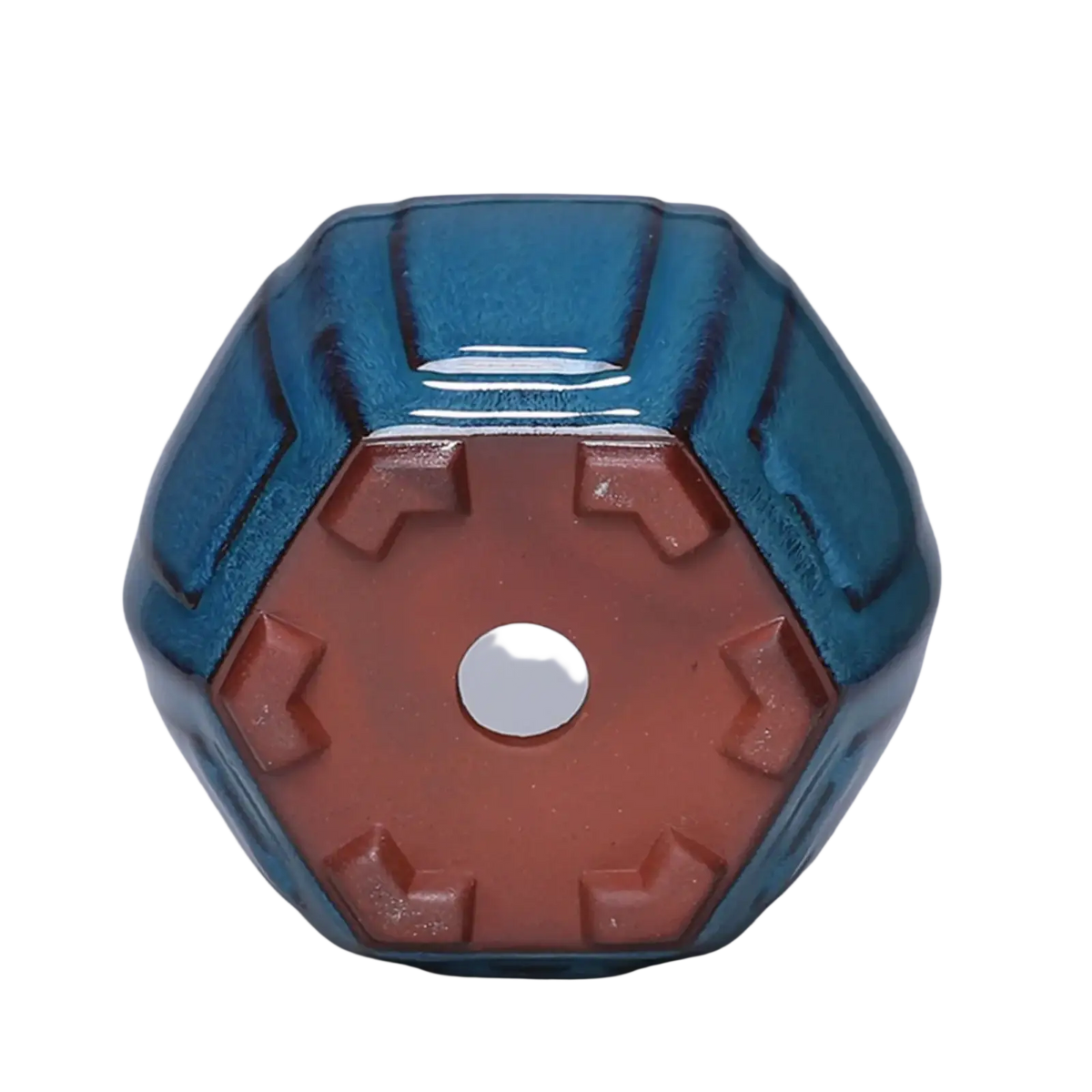 Blue glazed ceramic plant pot hexagonal planter with terracotta base drainage hole and raised geometric patterns