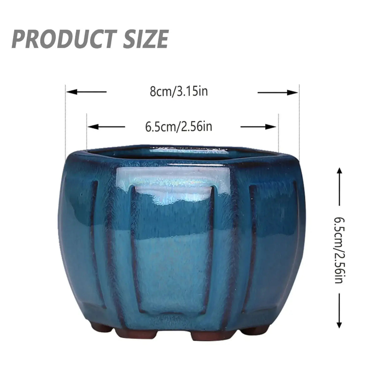 Glossy deep blue hexagonal ceramic plant pot with vertical ridges and lighter blue band featuring drainage hole