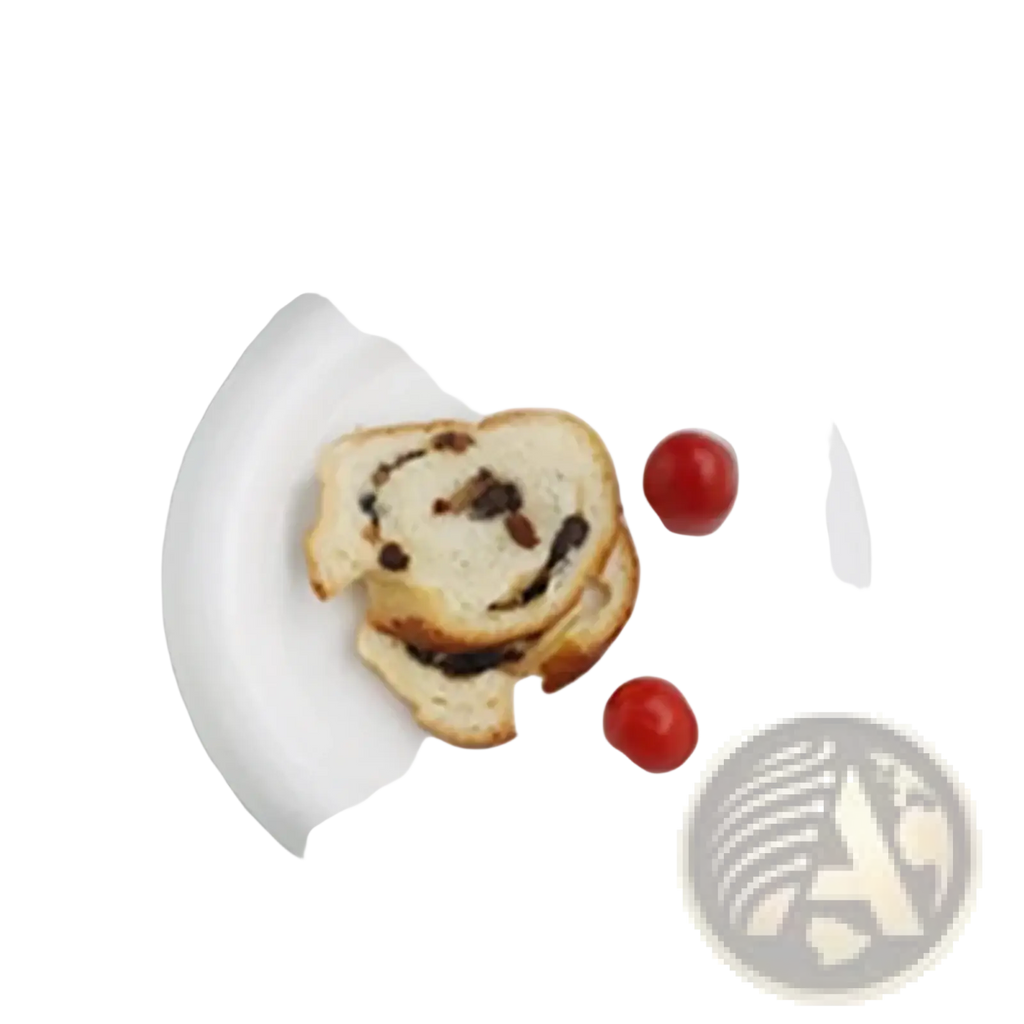 White ceramic plate set decorative tableware with 15cm diameter holding raisin bread slices and cherry tomatoes
