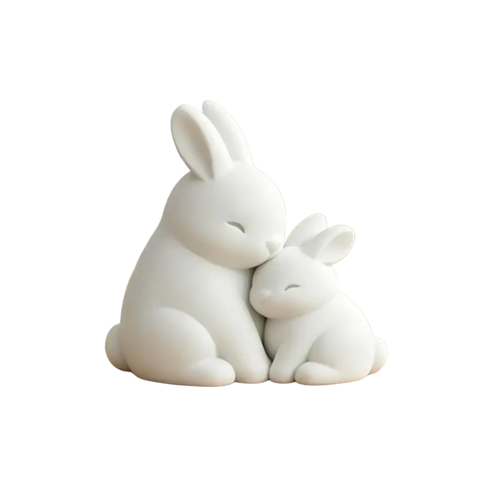 White ceramic rabbit figurine desktop decor featuring two rabbits sitting closely with closed eyes