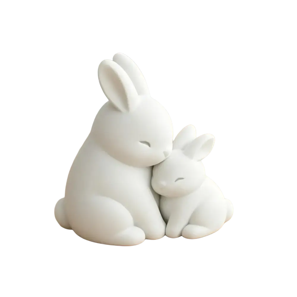 White ceramic rabbit figurine desktop decor featuring two rabbits sitting close together with closed eyes
