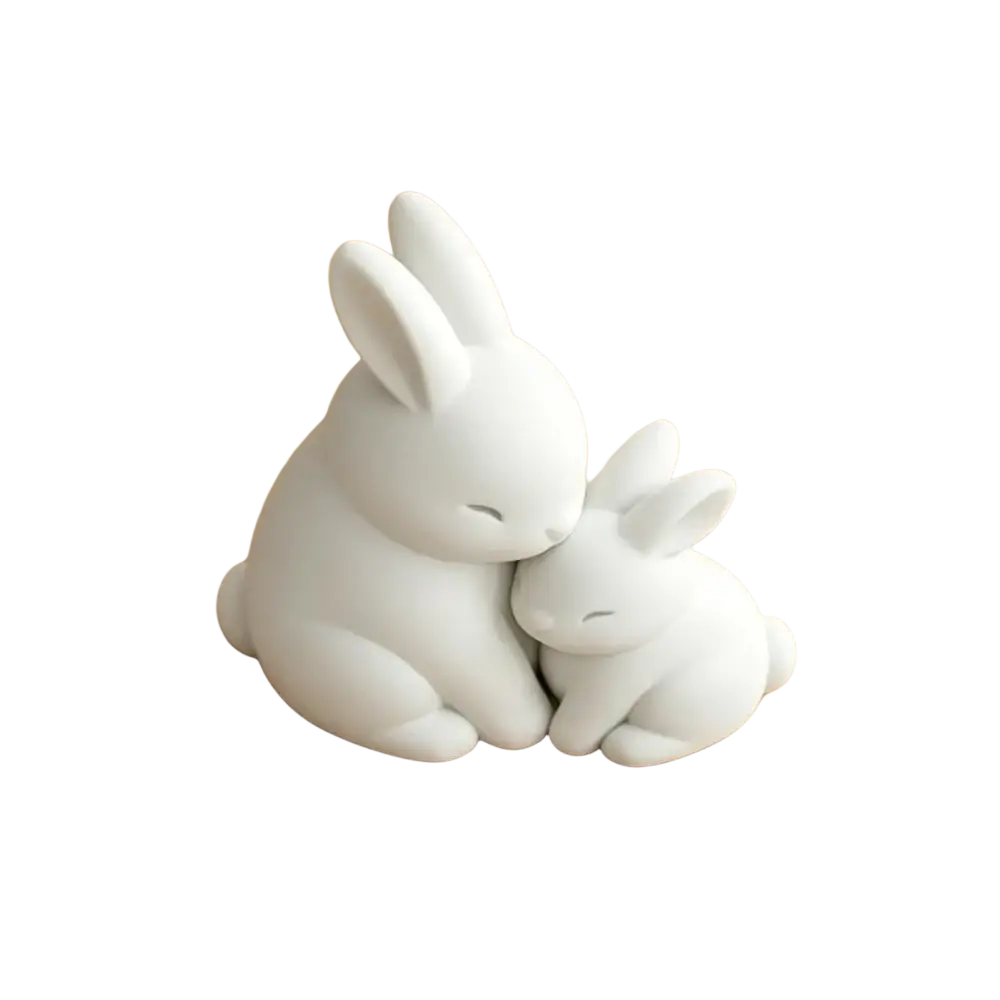 White ceramic figurine of two cuddling rabbits for desktop decor showcasing elegant detailed craftsmanship