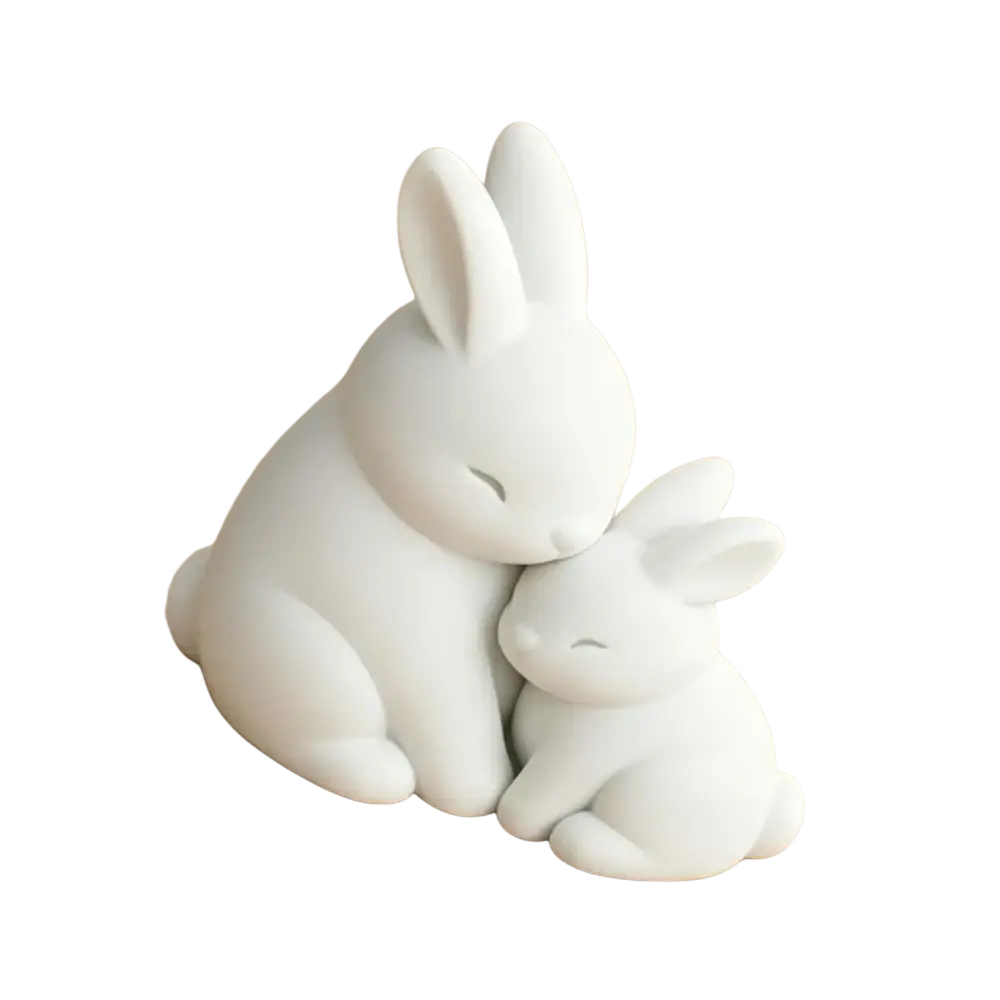White ceramic figurine of two rabbits with closed eyes for desktop decor in a minimalist style