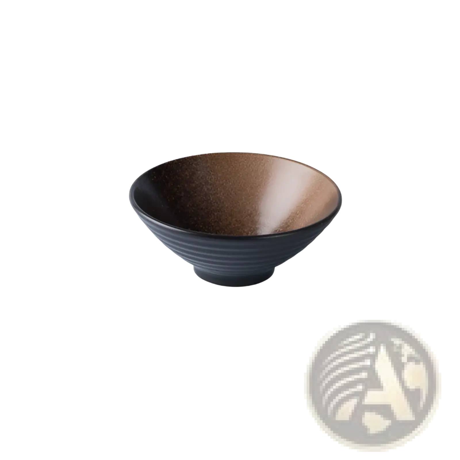 Dark blue ceramic ramen bowl with speckled brown interior and horizontal ridges for kitchenware use