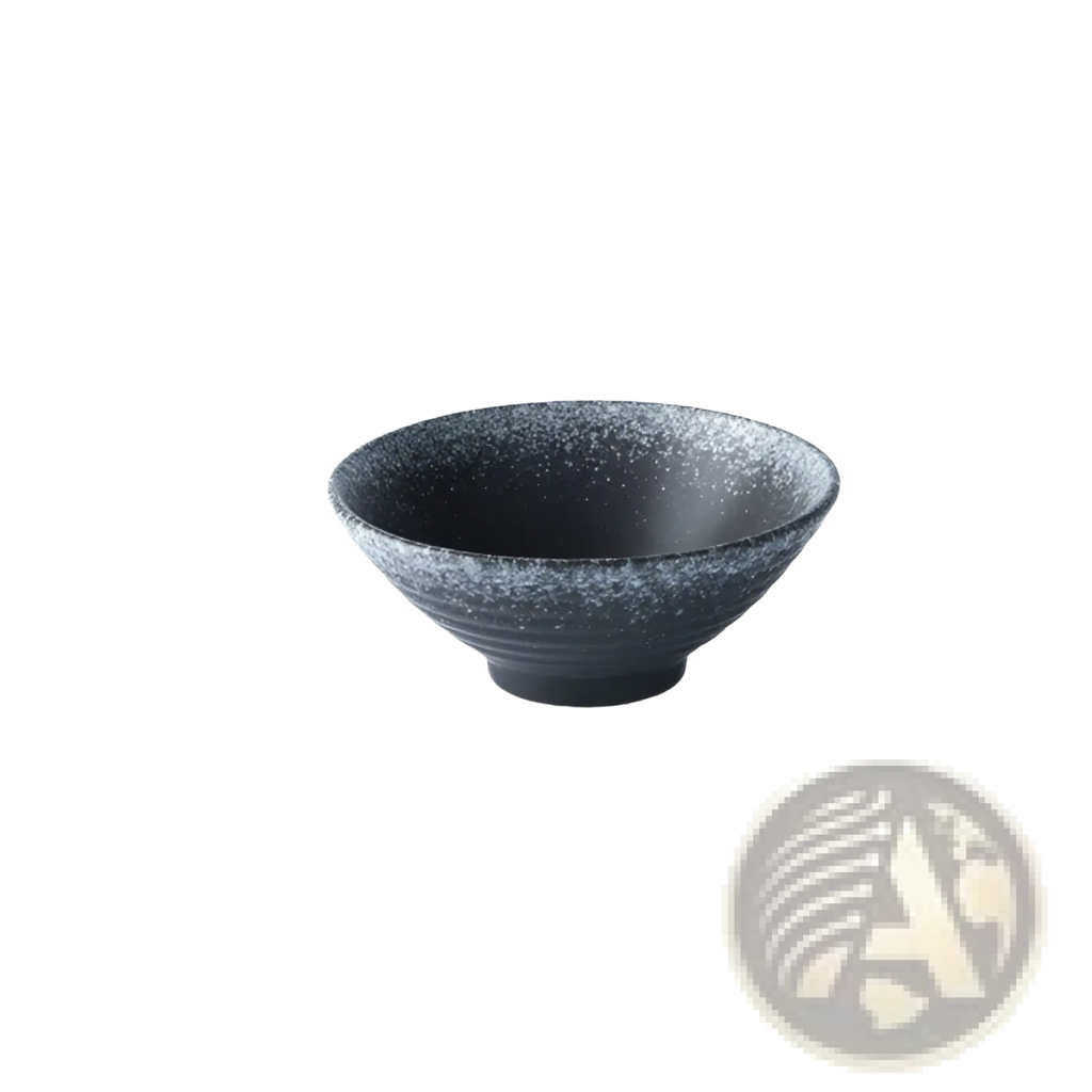 A sleek black ceramic ramen bowl with speckled textured glaze and subtle concentric ridges around the rim