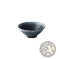 A sleek black ceramic ramen bowl with speckled textured glaze and subtle concentric ridges around the rim