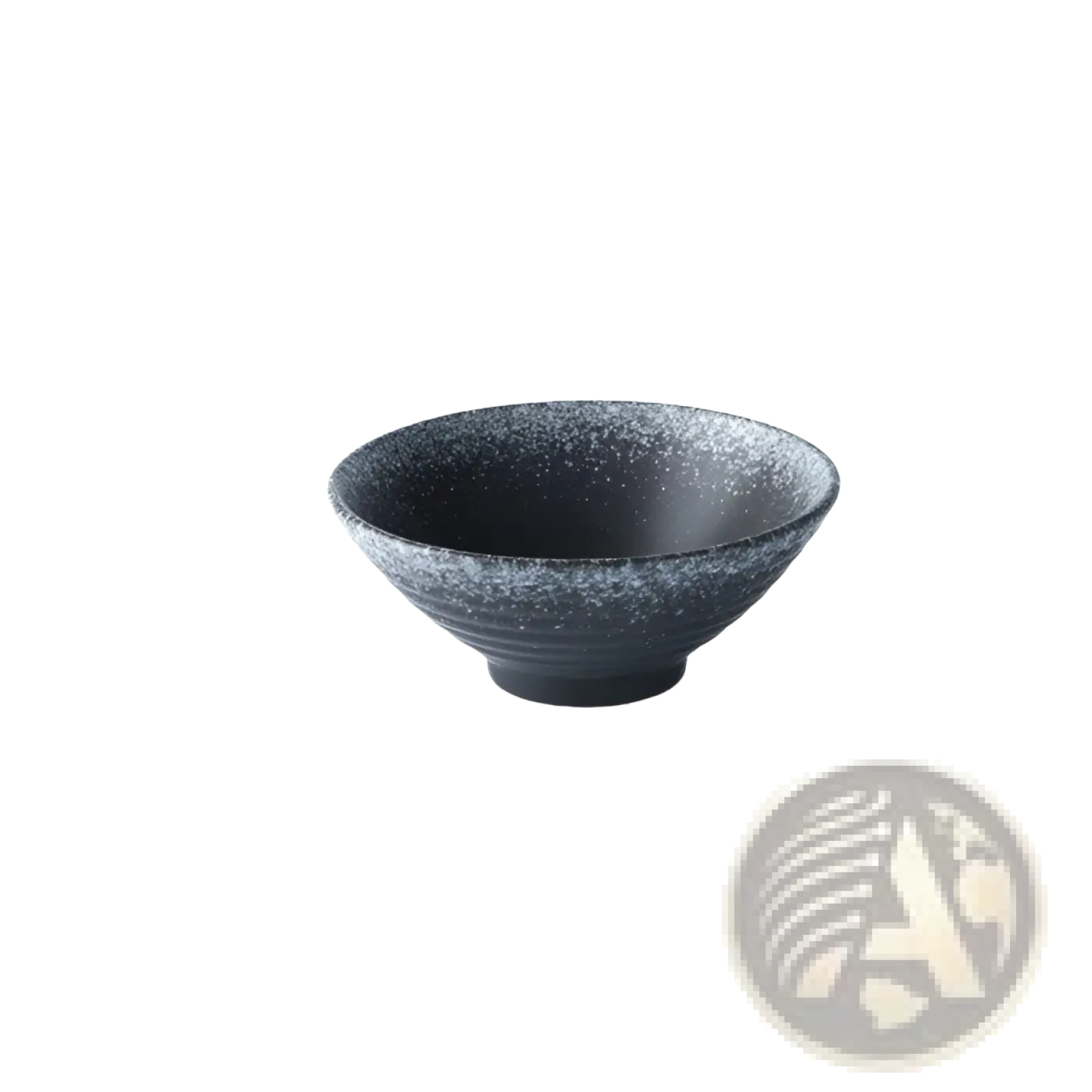 A sleek black ceramic ramen bowl with speckled textured glaze and subtle concentric ridges around the rim