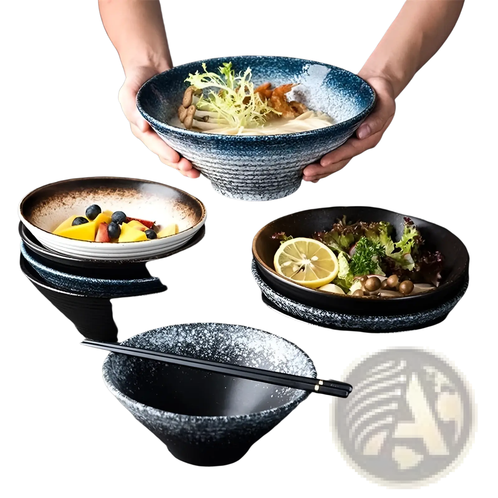 Ceramic ramen bowl speckled black blue with textured glazed finish ideal for kitchenware and serving ramen