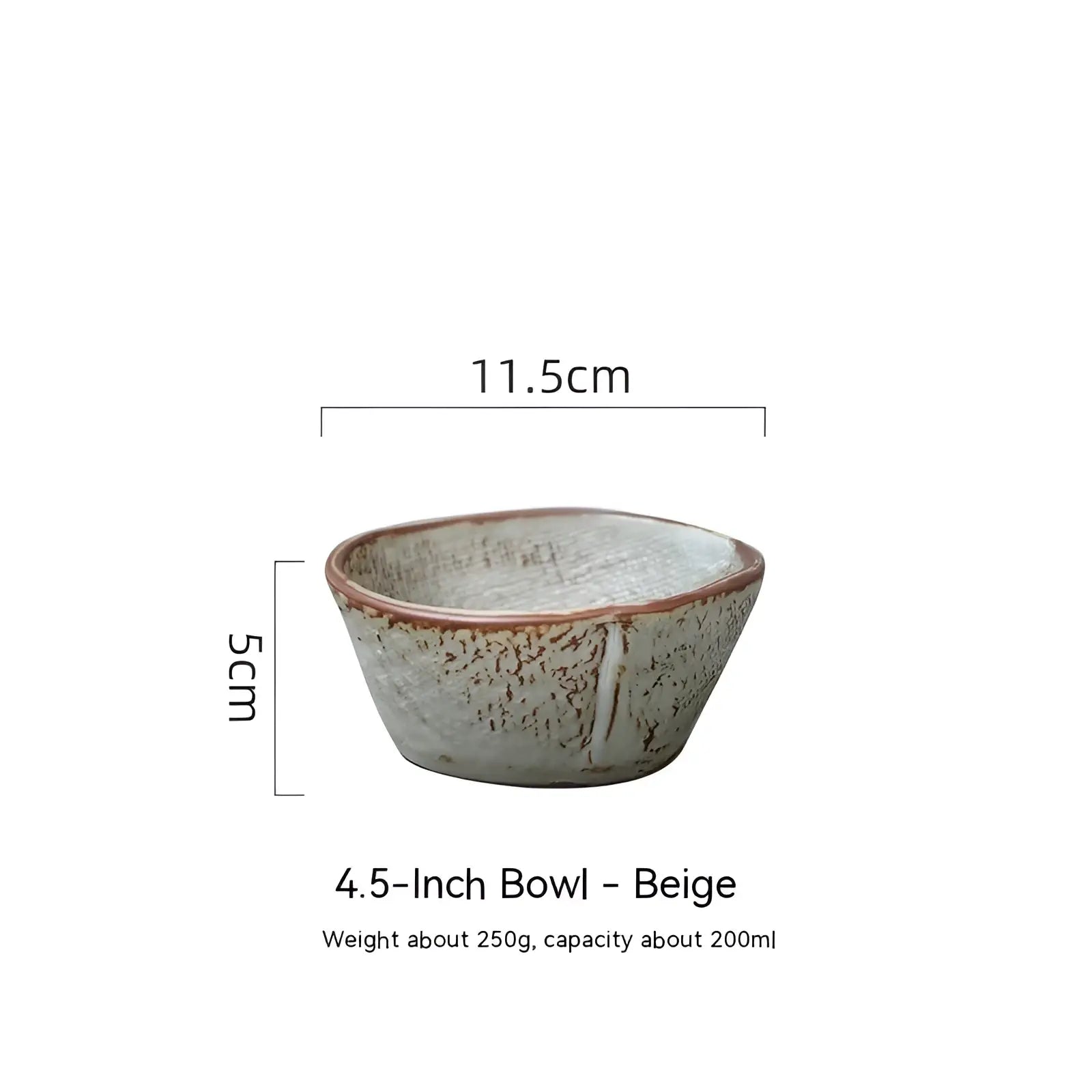 Beige ceramic rice bowl with speckled texture and reddish-brown rim, handcrafted for soup and rice, 4.5 inches diameter